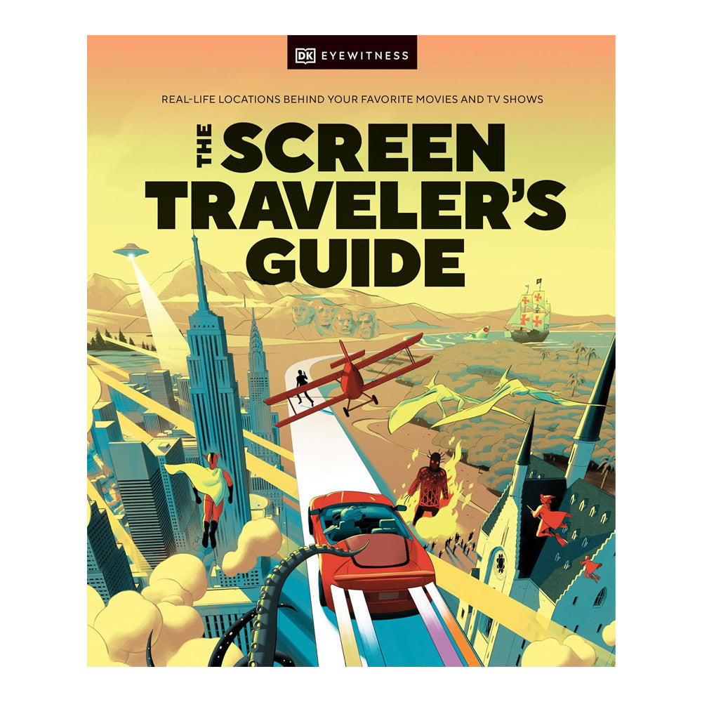 Book cover of 'The Screen Traveler's Guide' with illustration of a cityscape and airplane.