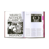 Open book showing a page with black and white photos and text on a white background Academy Musseum Exhibition Catalogue