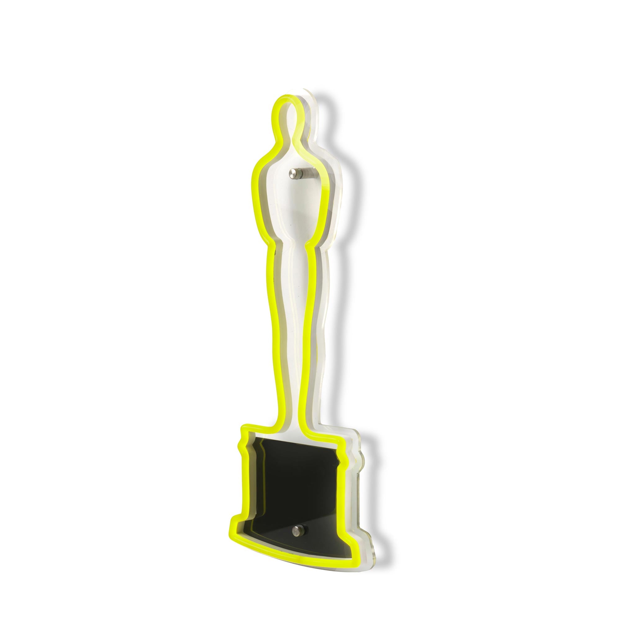 Neon sign shaped like an Oscar statue on a white background Neon Oscar Statue Sign the Academy Awards Show official Oscars Logo Merchandise