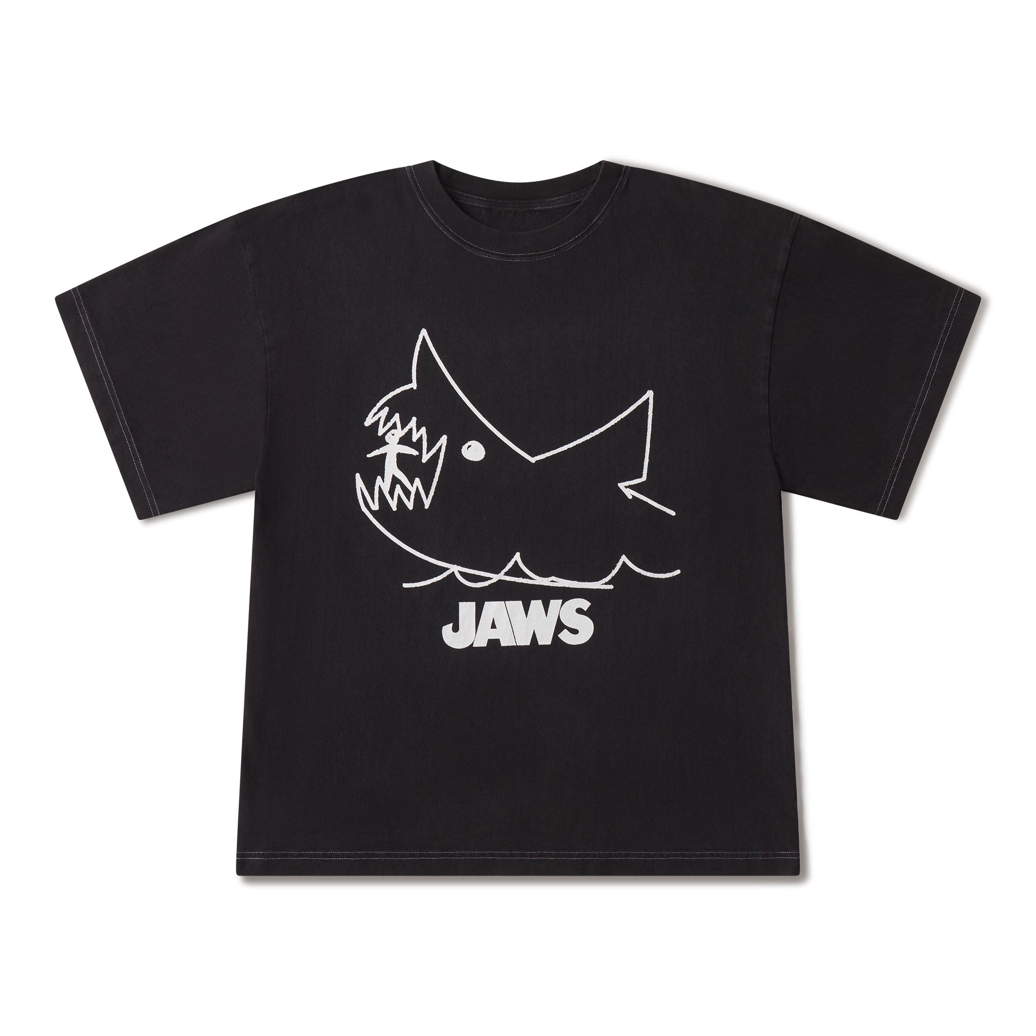 Black t-shirt with white shark graphic and 'JAWS' text on a white background