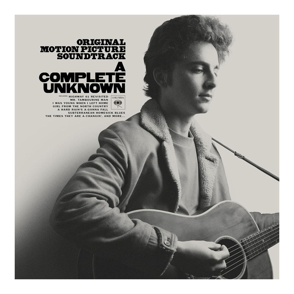 Black and white image of Timothée Chalamet holding a guitar, with the text 'A COMPLETE UNKNOWN' and 'Original Motion Picture Soundtrack' displayed.