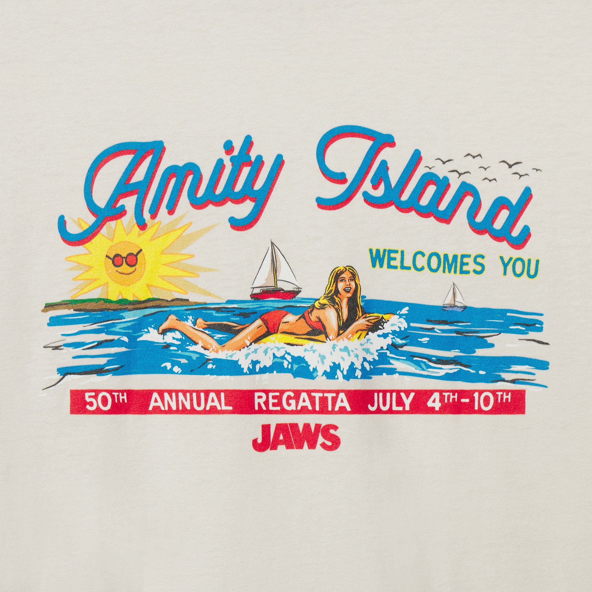 Promotional poster for 'Jaws' 50th Annual Regatta on Amity Island with a woman in a bikini and sun. from the movie JAWS (1975)