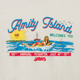 Promotional poster for 'Jaws' 50th Annual Regatta on Amity Island with a woman in a bikini and sun. from the movie JAWS (1975)