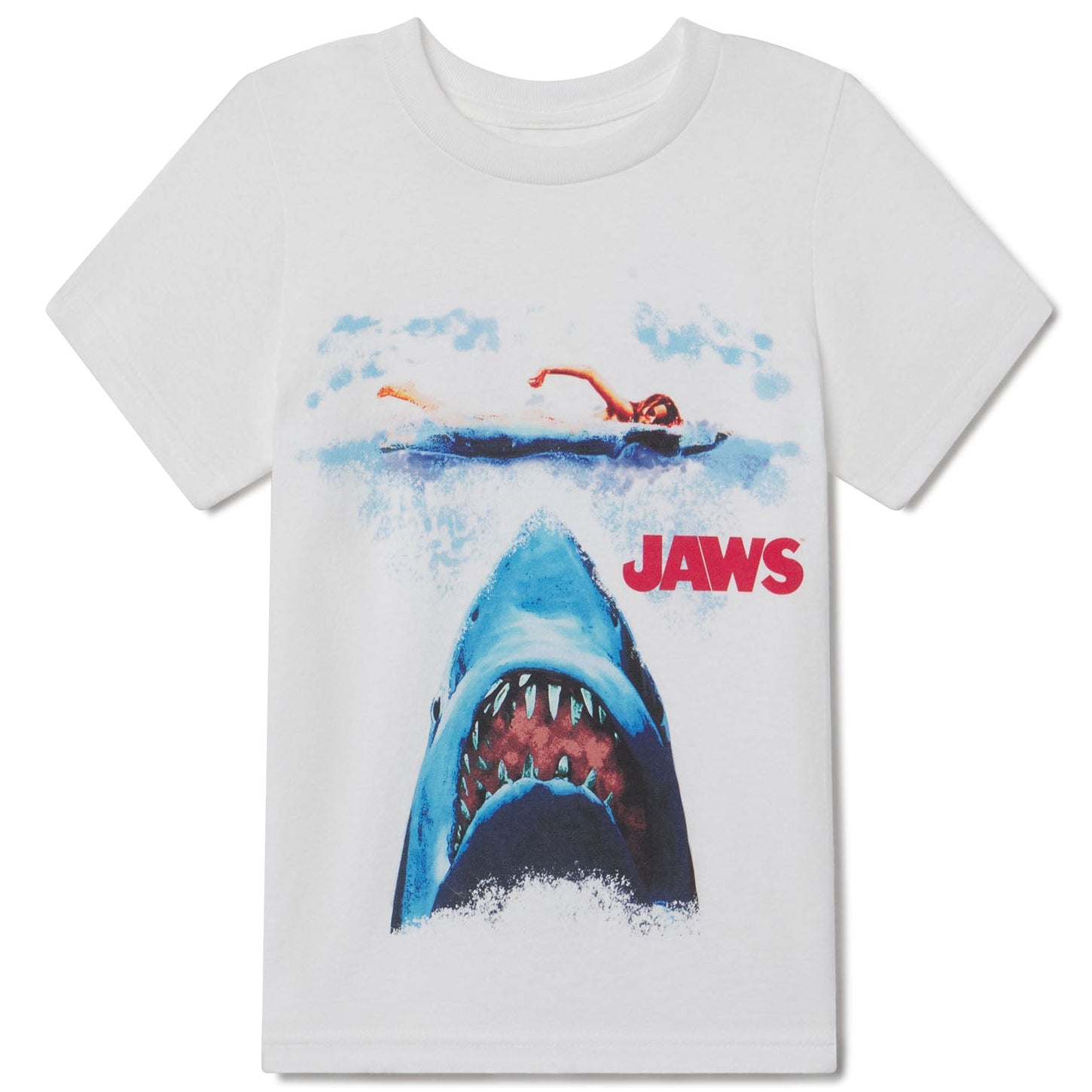 White t-shirt with 'Jaws' shark graphic and text on a white background. JAWS tee for youth kids.