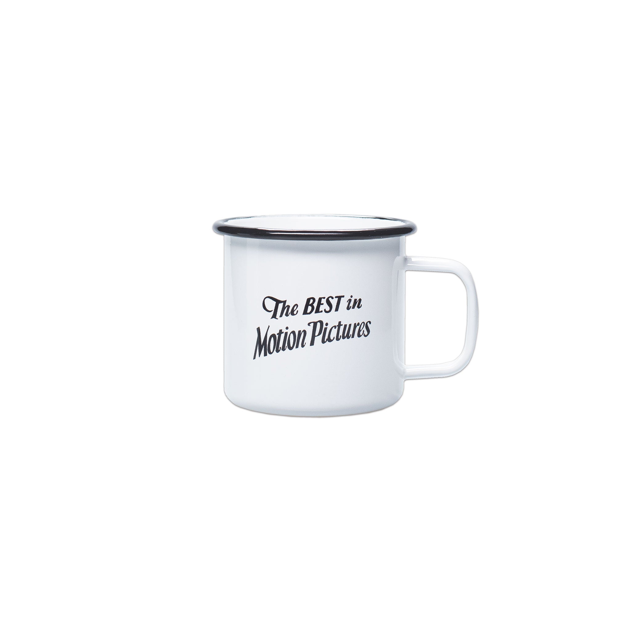White enamel mug with black text 'The Best in Motion Pictures' and a red Oscars logo.