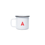 White enamel cup with red Oscars logo and black rim