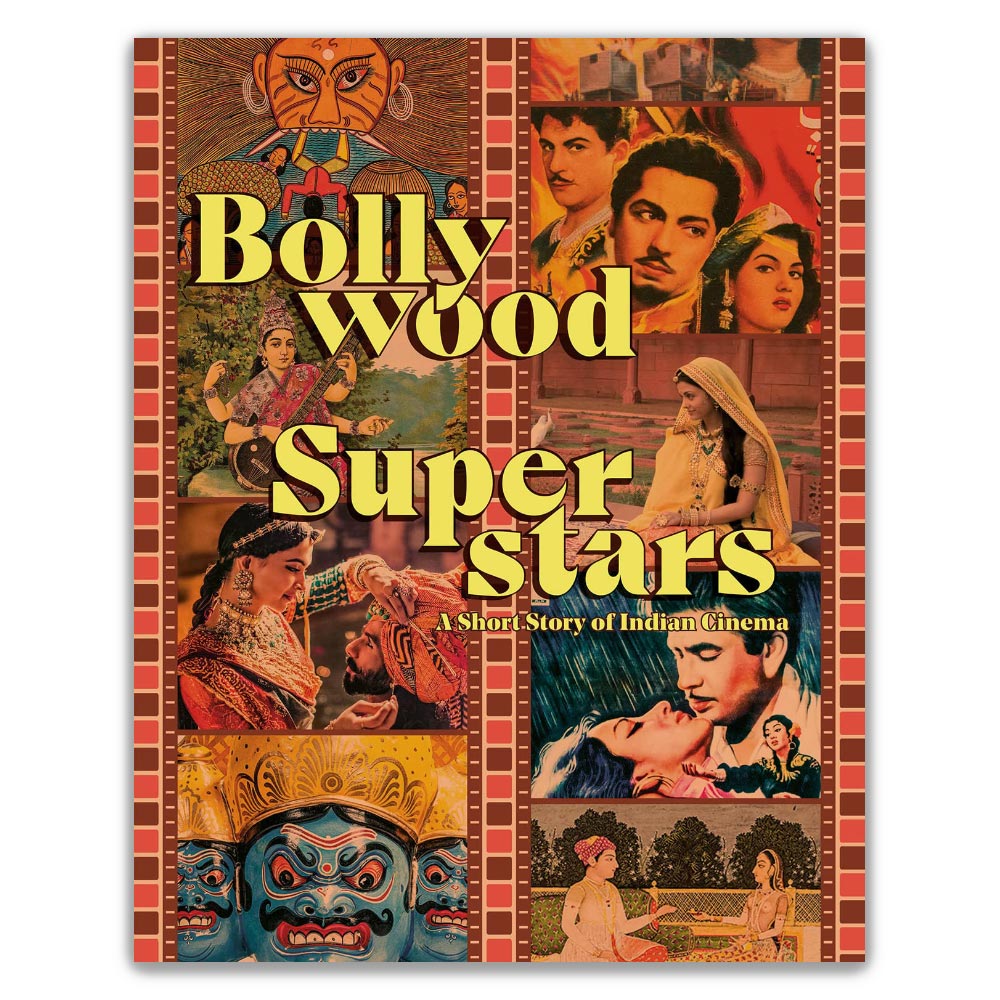 Book cover of 'Bollywood Superstars: A Short Story of Indian Cinema' featuring a collage of iconic Indian film stills, movie posters, and photographs.