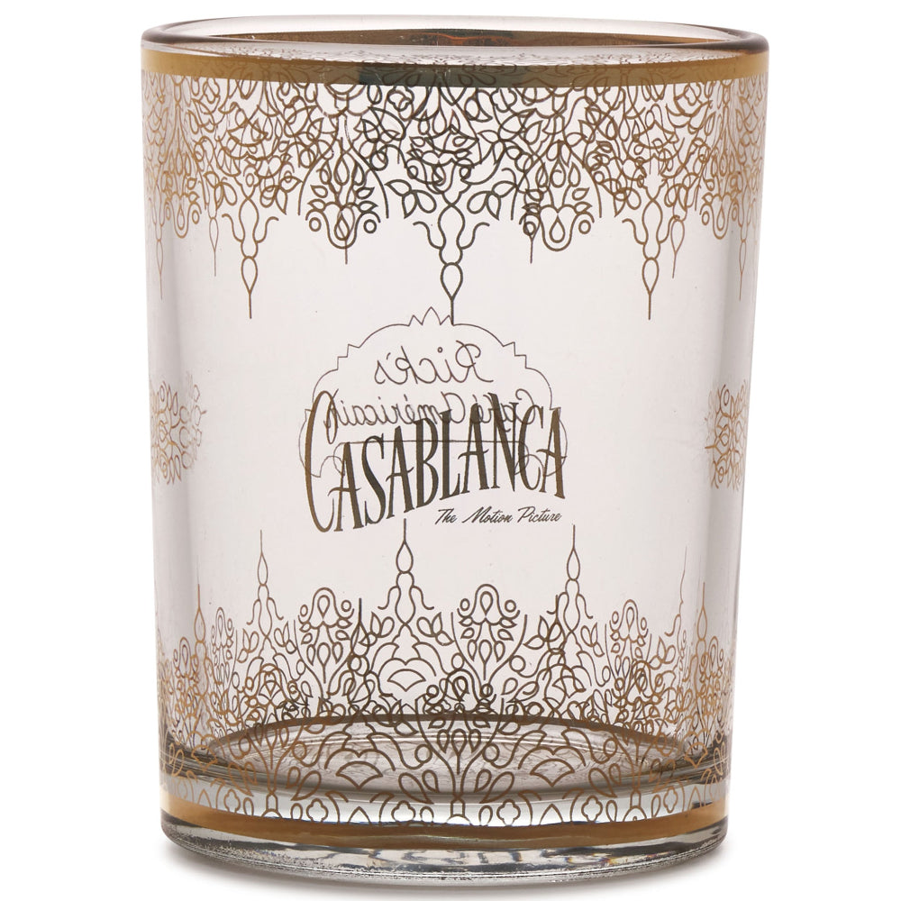 Decorative glass with intricate patterns and 'Casablanca' branding on a white background