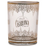 Decorative glass with intricate patterns and 'Casablanca' branding on a white background