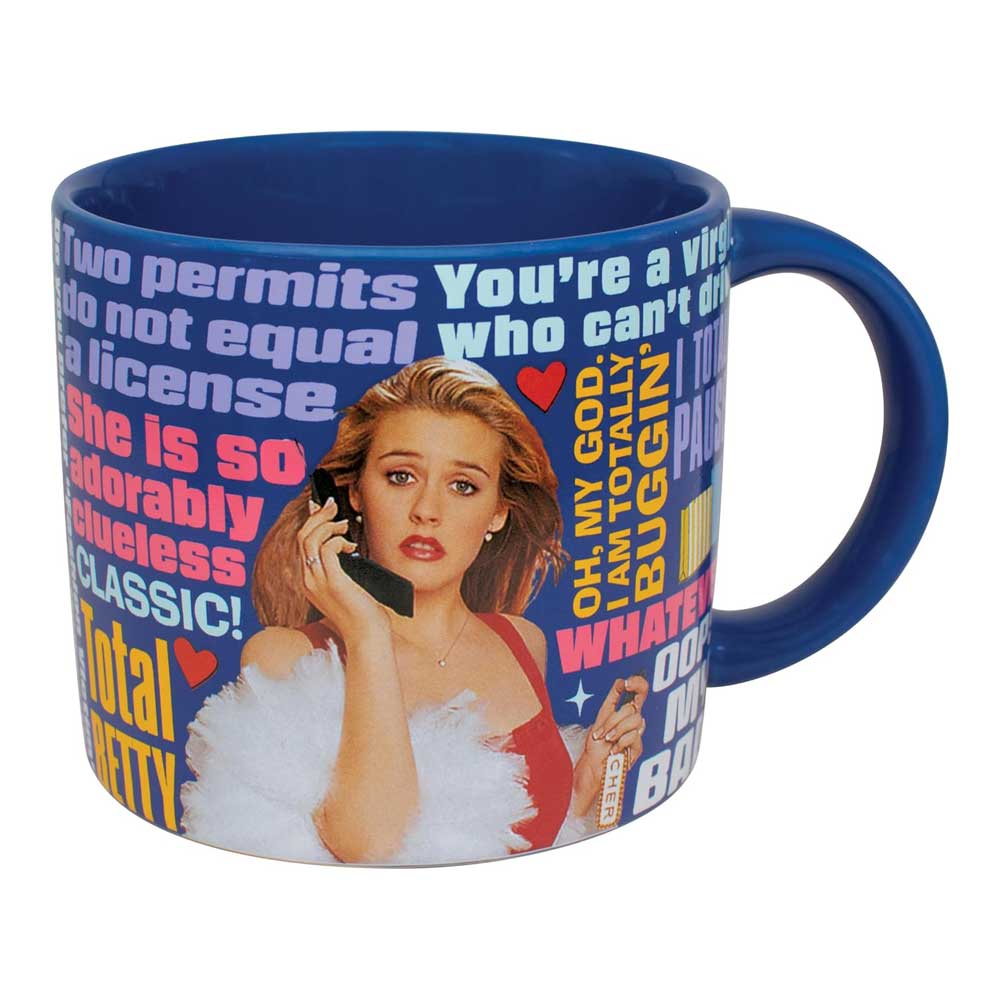 Mug with colorful text and a graphic of a woman on a phone call. Celebrate the 90s with our Clueless Coffee Mug! Officially licensed, it showcases memorable quotes and comes in a fun gift box. Perfect for any cinephile!