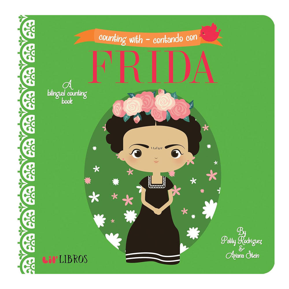 A bilingual counting book cover with a cartoon illustration of a girl with a floral crown and a background of a traditional Mexican pattern.