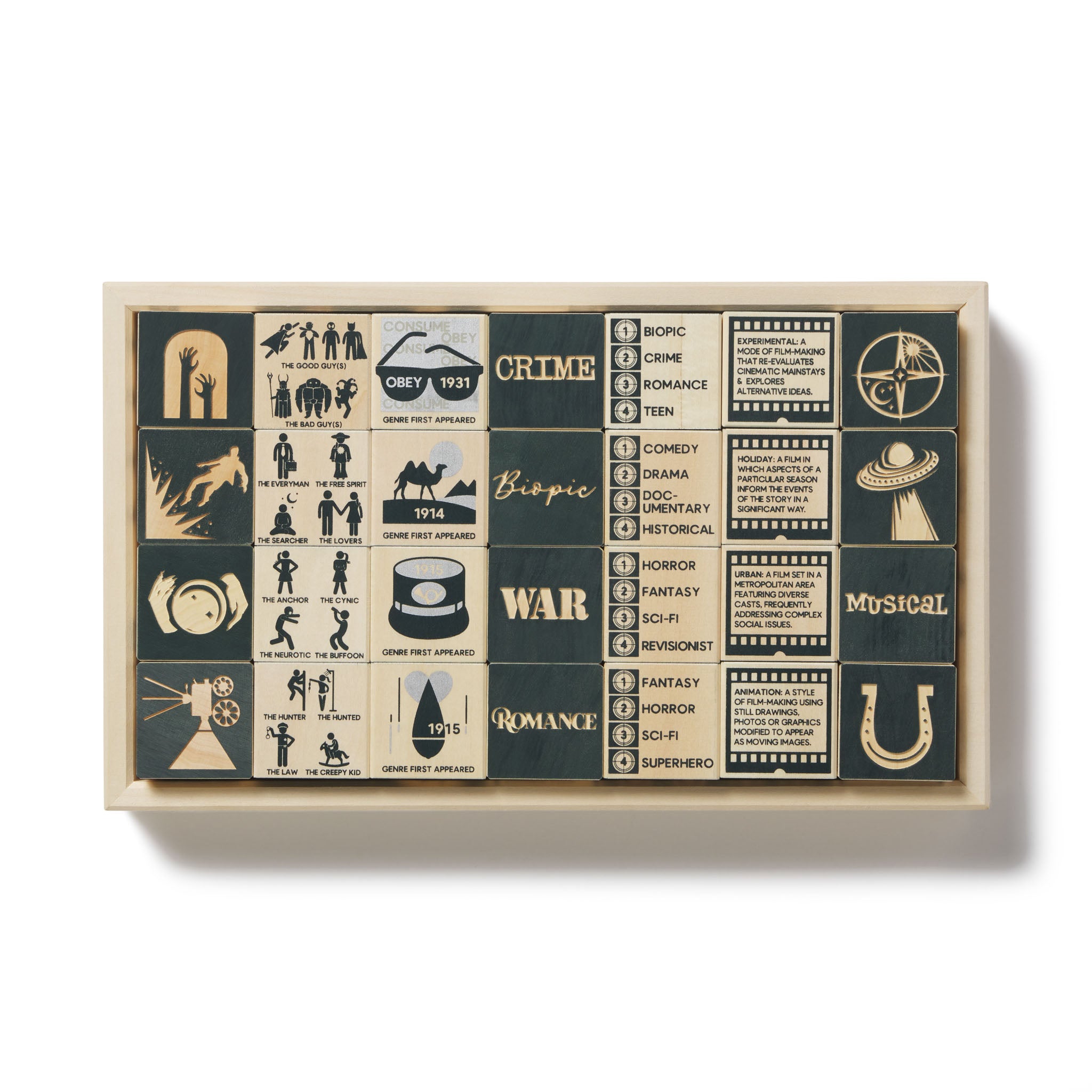 Explore Uncle Goose's unique wooden toys made from natural materials. Safe for kids and crafted in Michigan, our blocks inspire endless imagination and play. Wood Blocks Film Movie themed for Movie Fans showing the various genres of movies