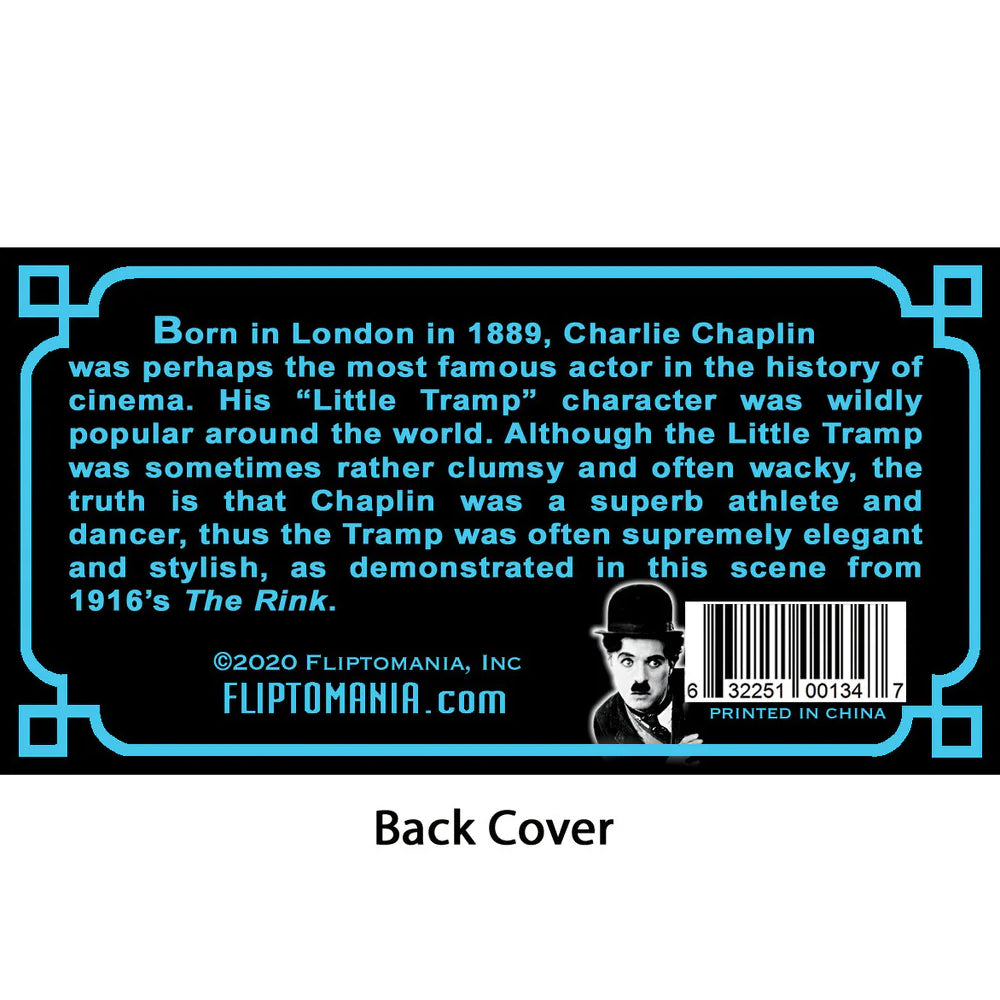 Back cover of a product with text about Charlie Chaplin and a barcode, featuring a black and white image of Chaplin.