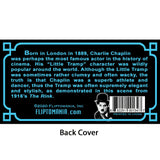 Back cover of a product with text about Charlie Chaplin and a barcode, featuring a black and white image of Chaplin.