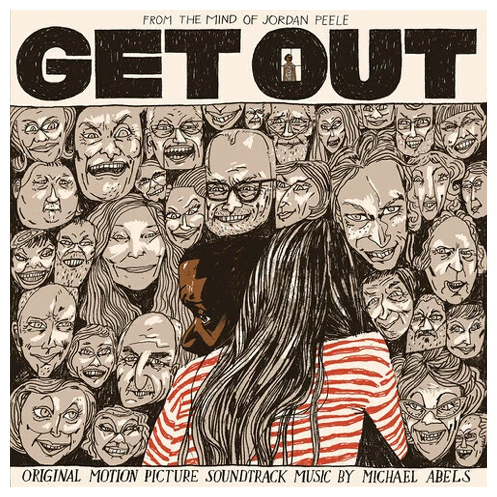 Movie poster for 'Get Out' with a woman in a striped shirt surrounded by faces, from the mind of Jordan Peele.