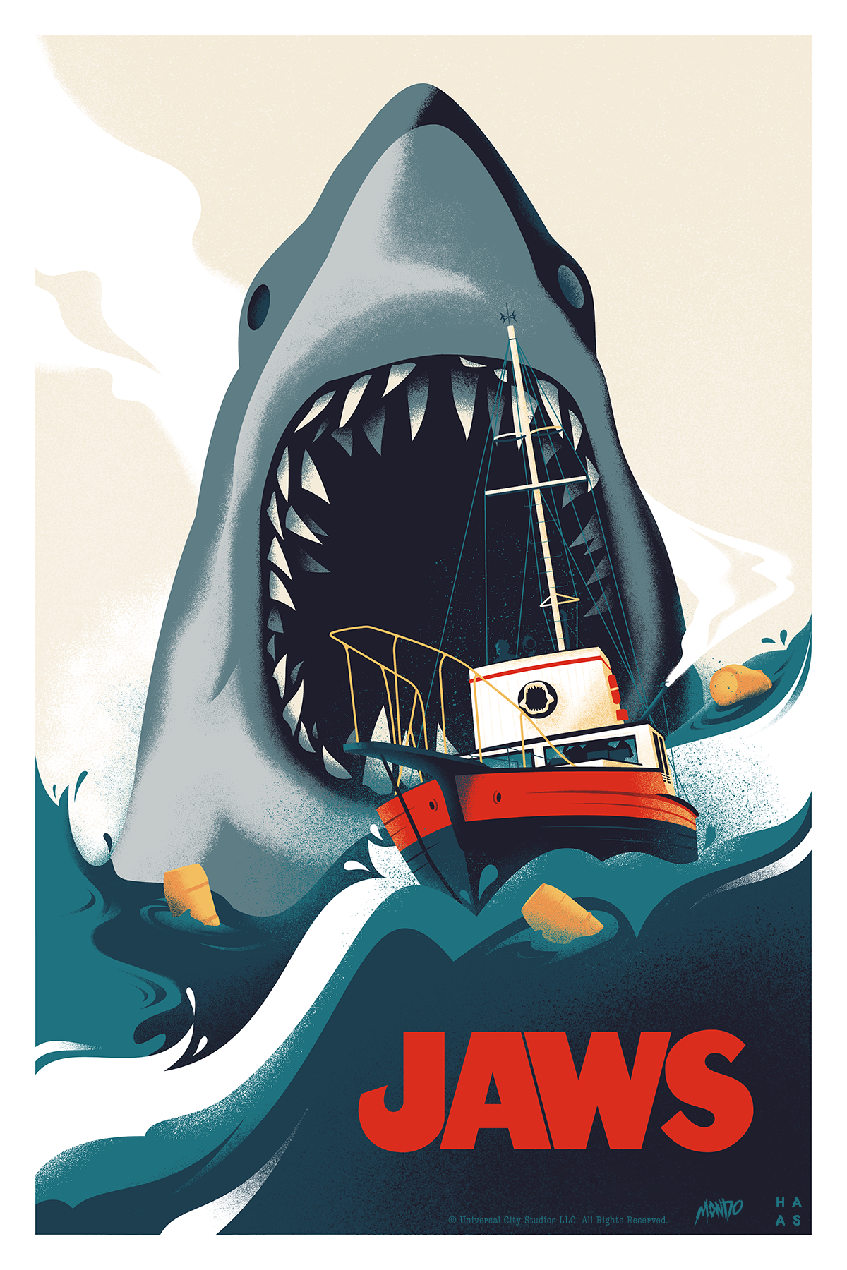 Illustration of a shark with an open mouth, showing teeth, and a ship inside, with 'JAWS' text below.Officially Licensed JAWS (1975) Artist Edition Postcards by Mondo. Featuring the ORCA being attacked from behind by the great white shark JAWS.  Art by Danny Haas