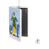 A Christmas ornament featuring a retro video cassette tape case with the character Buddy the Elf from the movie 'Elf' on the front.