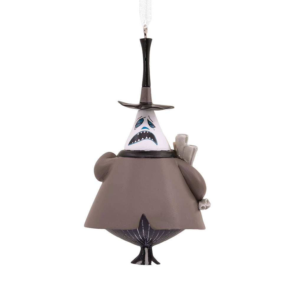 A Hallmark Disney Tim Burton's The Nightmare Before Christmas Mayor Christmas Ornament, featuring a resin depiction of the Mayor of Halloween Town wearing a suit with a spider bow tie and a 'mayor' ribbon, holding a cane, with a hanger attachment at the top.