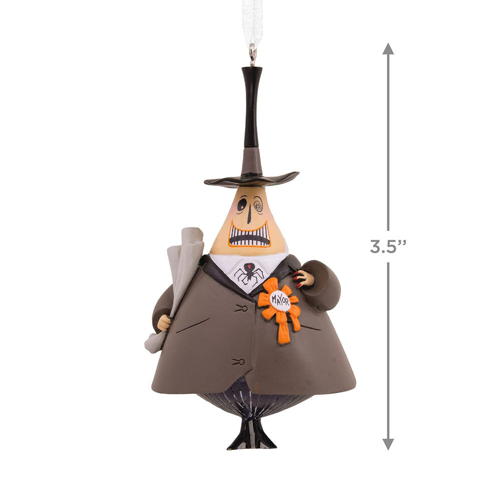 A Hallmark Disney Tim Burton's The Nightmare Before Christmas Mayor Christmas Ornament, featuring a resin depiction of the Mayor of Halloween Town wearing a suit with a spider bow tie and a 'mayor' ribbon, holding a cane, with a hanger attachment at the top.