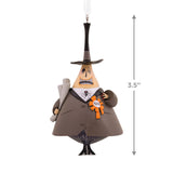 A Hallmark Disney Tim Burton's The Nightmare Before Christmas Mayor Christmas Ornament, featuring a resin depiction of the Mayor of Halloween Town wearing a suit with a spider bow tie and a 'mayor' ribbon, holding a cane, with a hanger attachment at the top.
