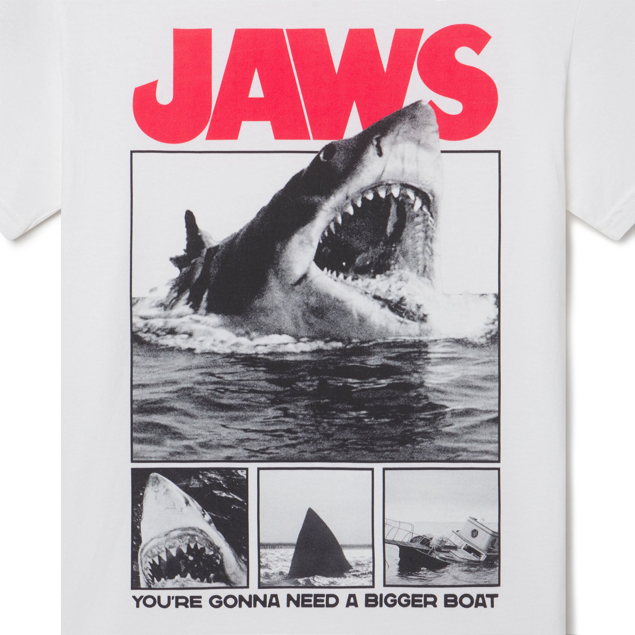 T-shirt with 'JAWS' graphic featuring a shark and text on a white background