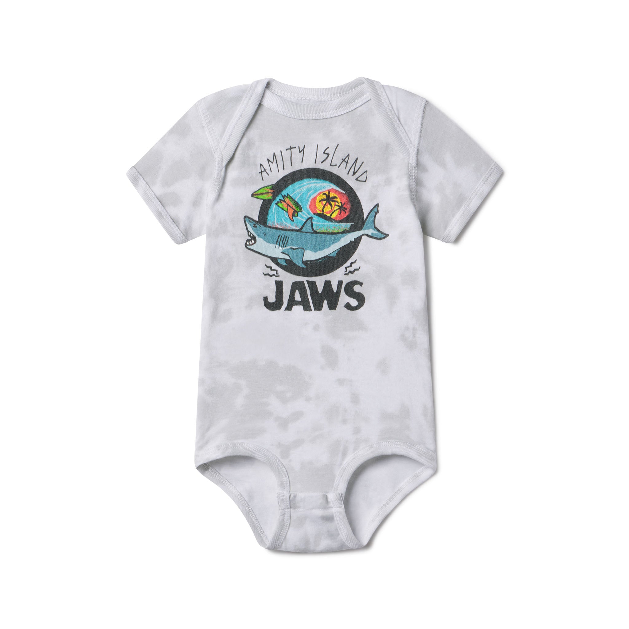 Gray baby onesie with 'Jaws' graphic design on a white background