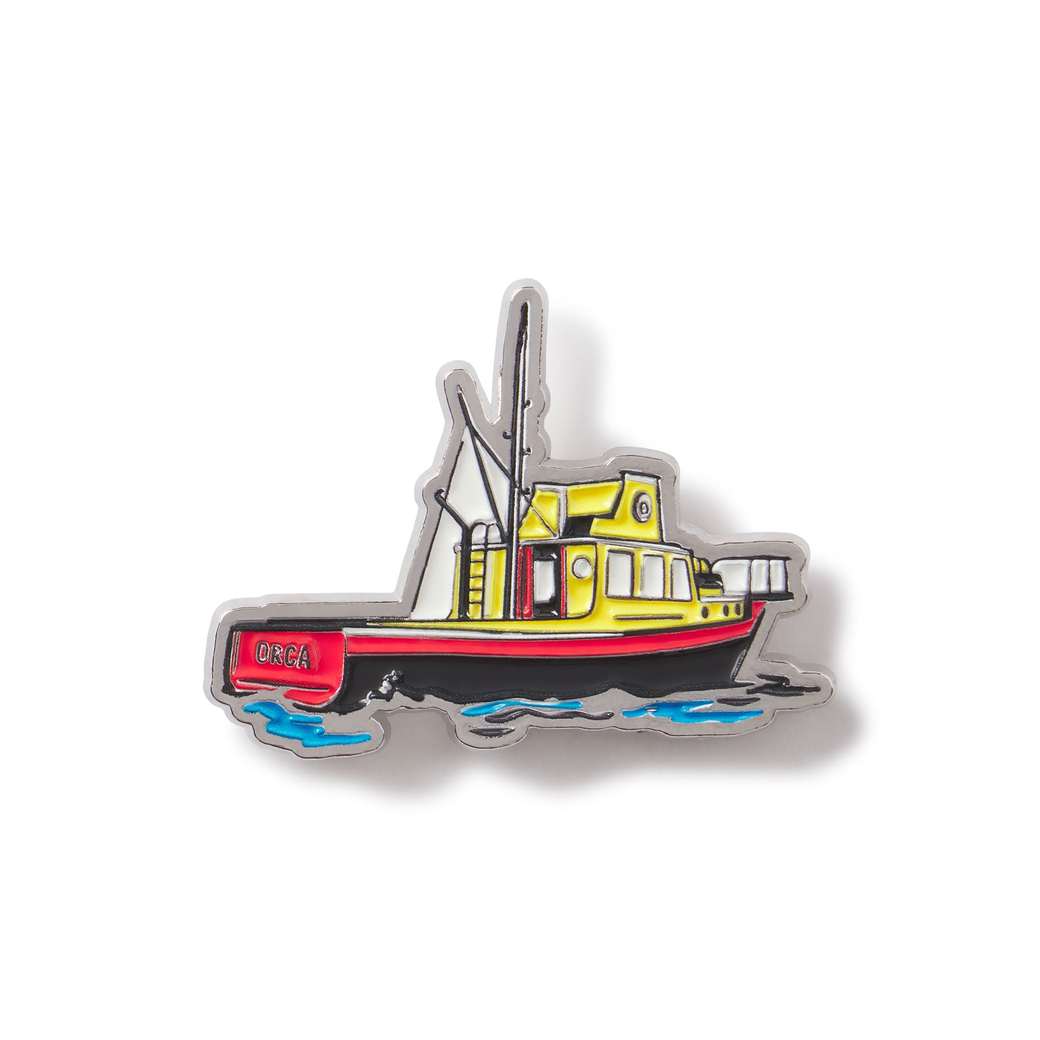 Colorful boat-shaped badge on a white background
