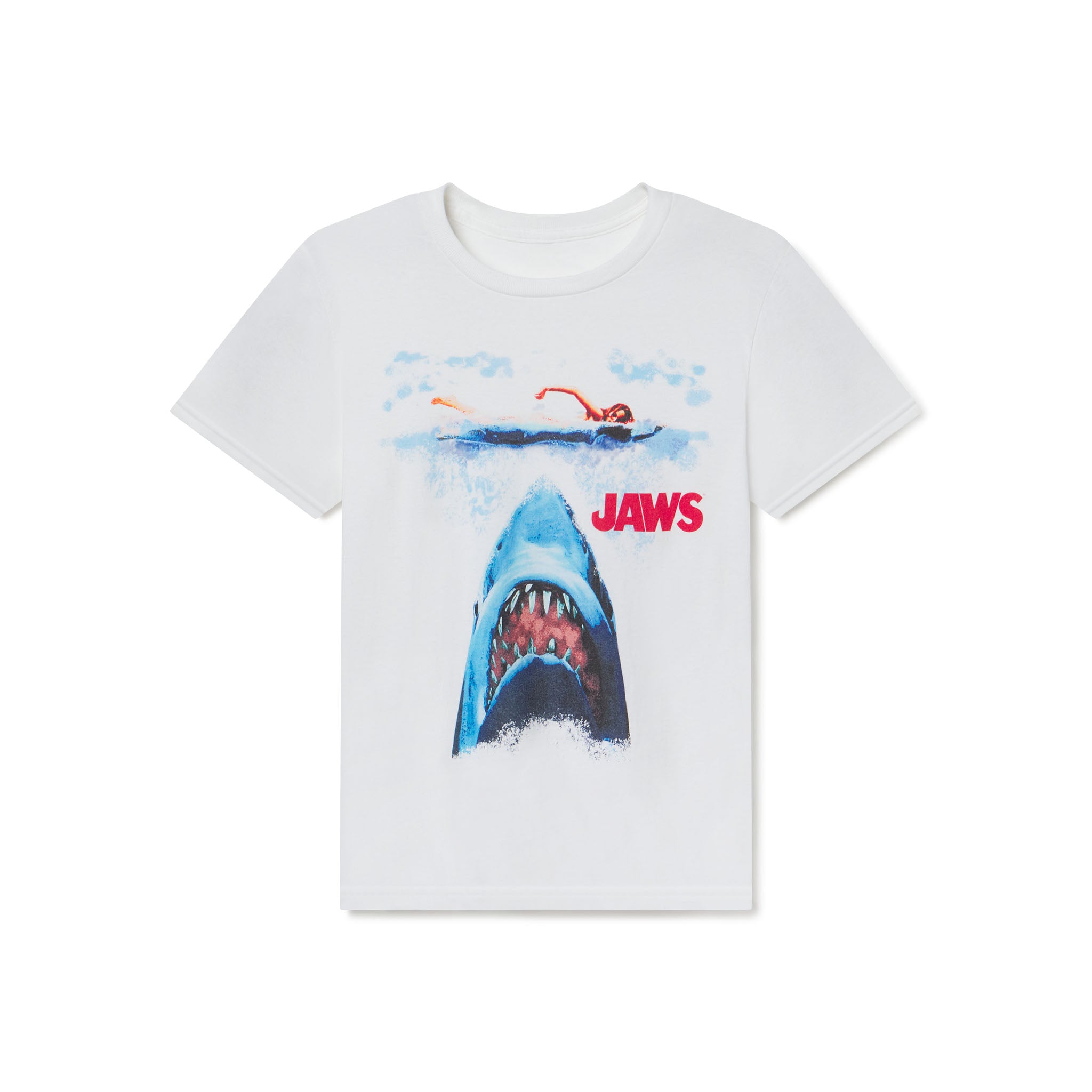 White t-shirt with Jaws graphic design on a white background Youth sized tshirt for kids featuring JAWS for the 50th Anniversary of the movie