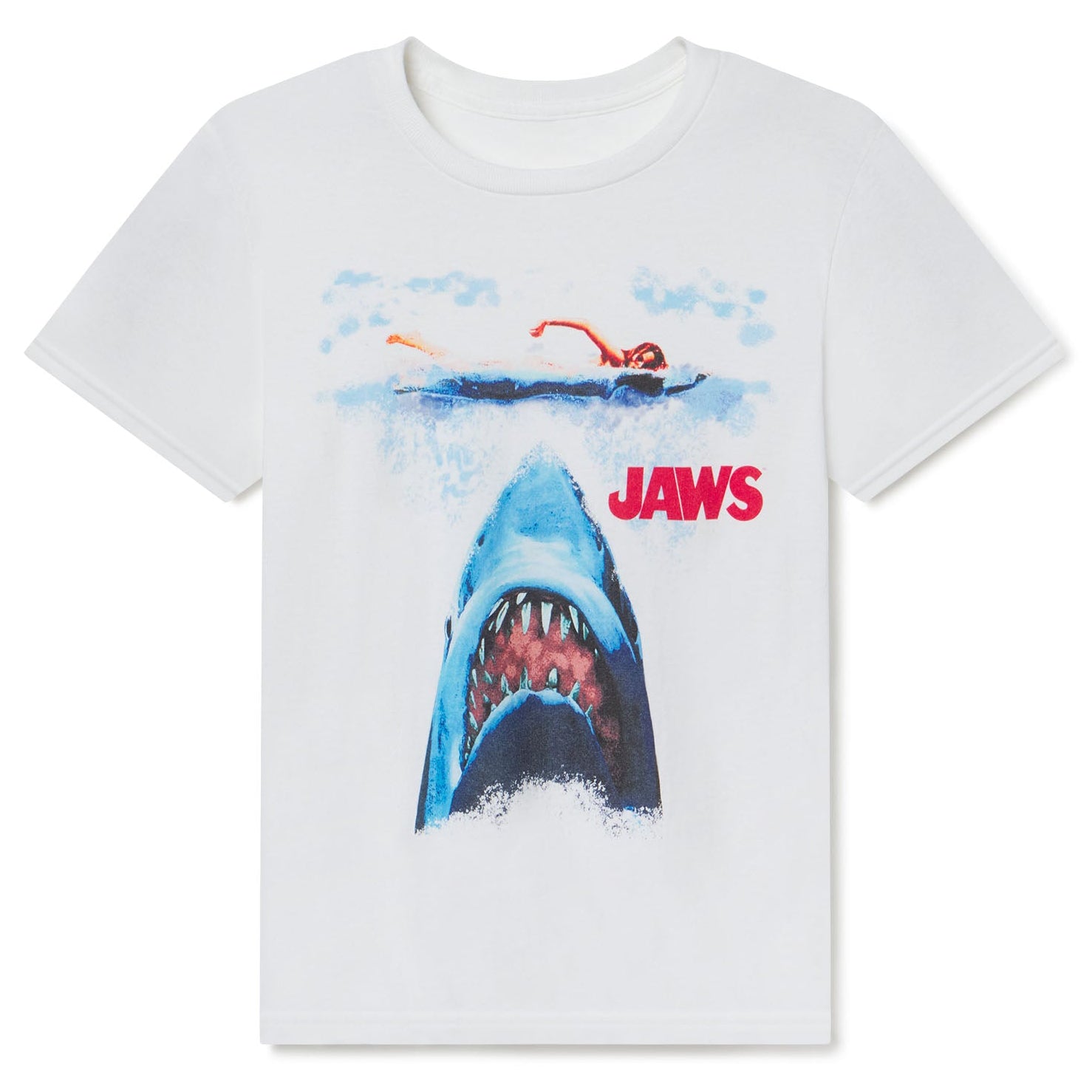 White t-shirt with Jaws graphic design on a white background Youth sized tshirt for kids featuring JAWS for the 50th Anniversary of the movie
