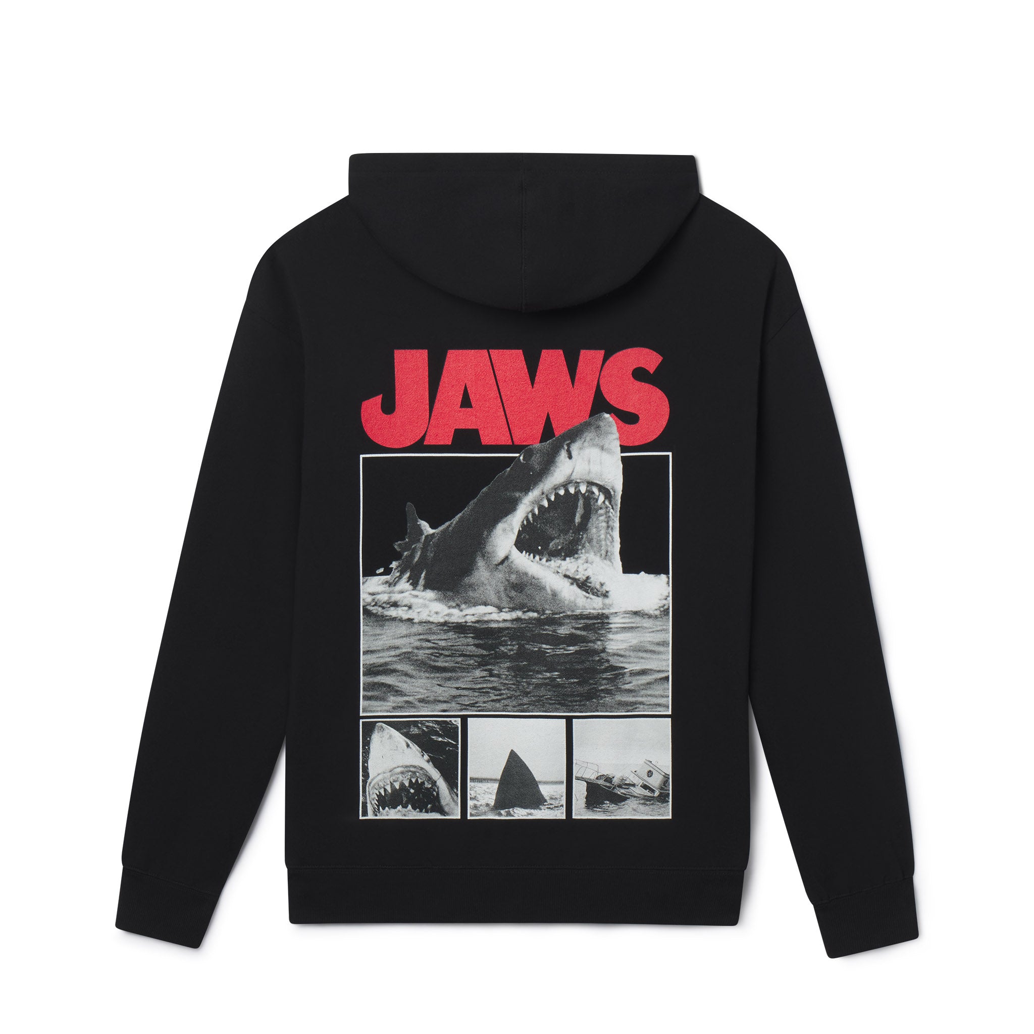 Black hoodie with 'JAWS' graphic on the back featuring a shark and movie title.
