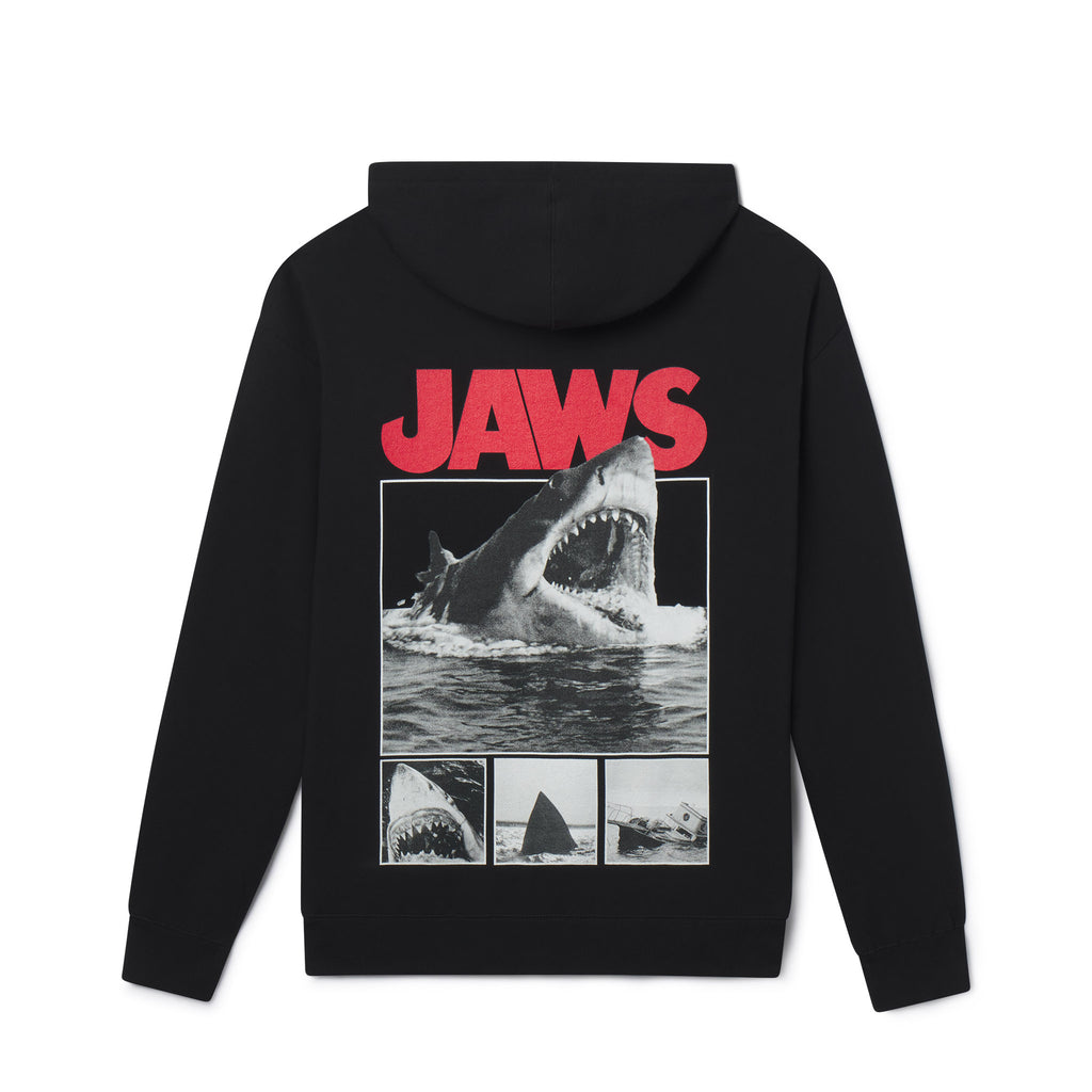 Black hoodie with 'JAWS' graphic on the back featuring a shark and movie title.