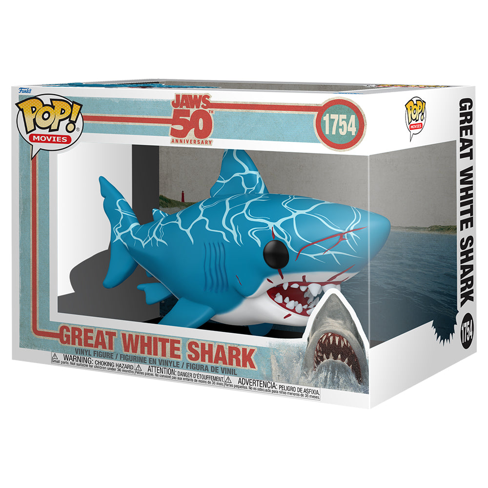 Funko POP!™ Movies JAWS® Super Great White Shark 50th Anniversary | ACADEMY MUSEUM Blue great white shark bobblehead toy in a Funko box with the 50th anniversary logo