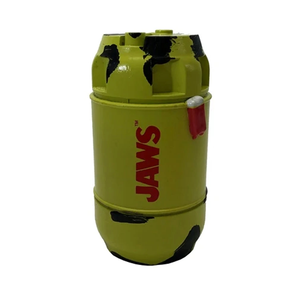 Jaws logo metal bottle opener shaped like a barrel