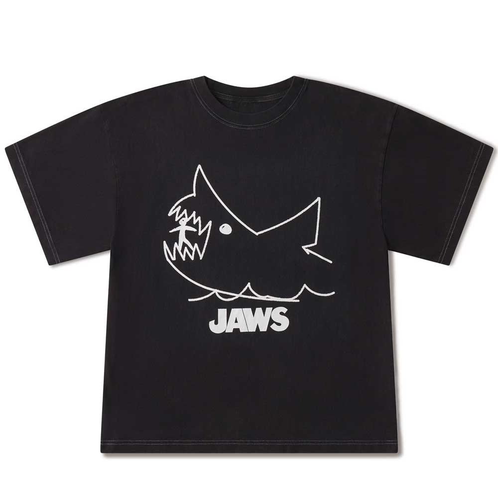 Black t-shirt with white shark graphic and 'JAWS' text on a white background