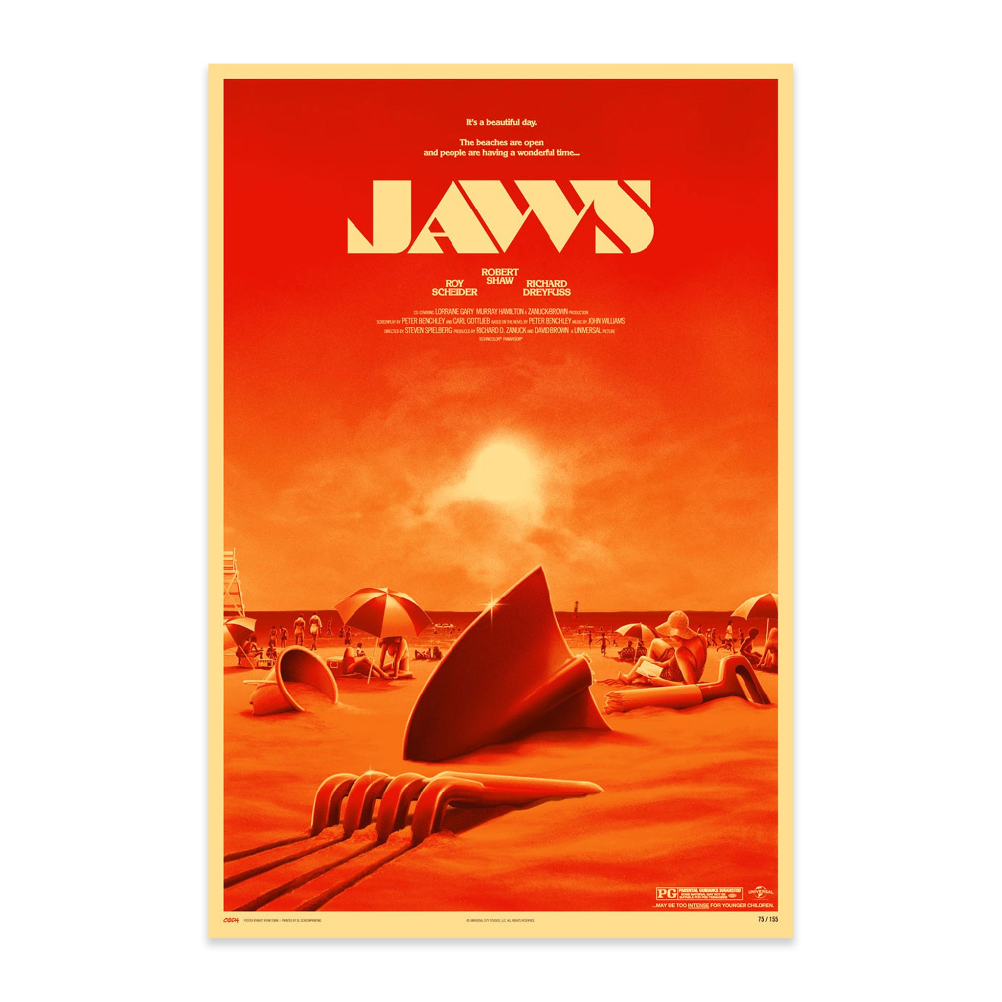 Vintage 'Jaws' movie poster with a red and orange color scheme. "JAWS" Screen print limited poster print by artist Matt Ryan Tobin and CODA Jaws 50th Anniversary Limited Edition Poster Academy Museum Screen Printed Numbered Limited Edition Poster Curated by CODA