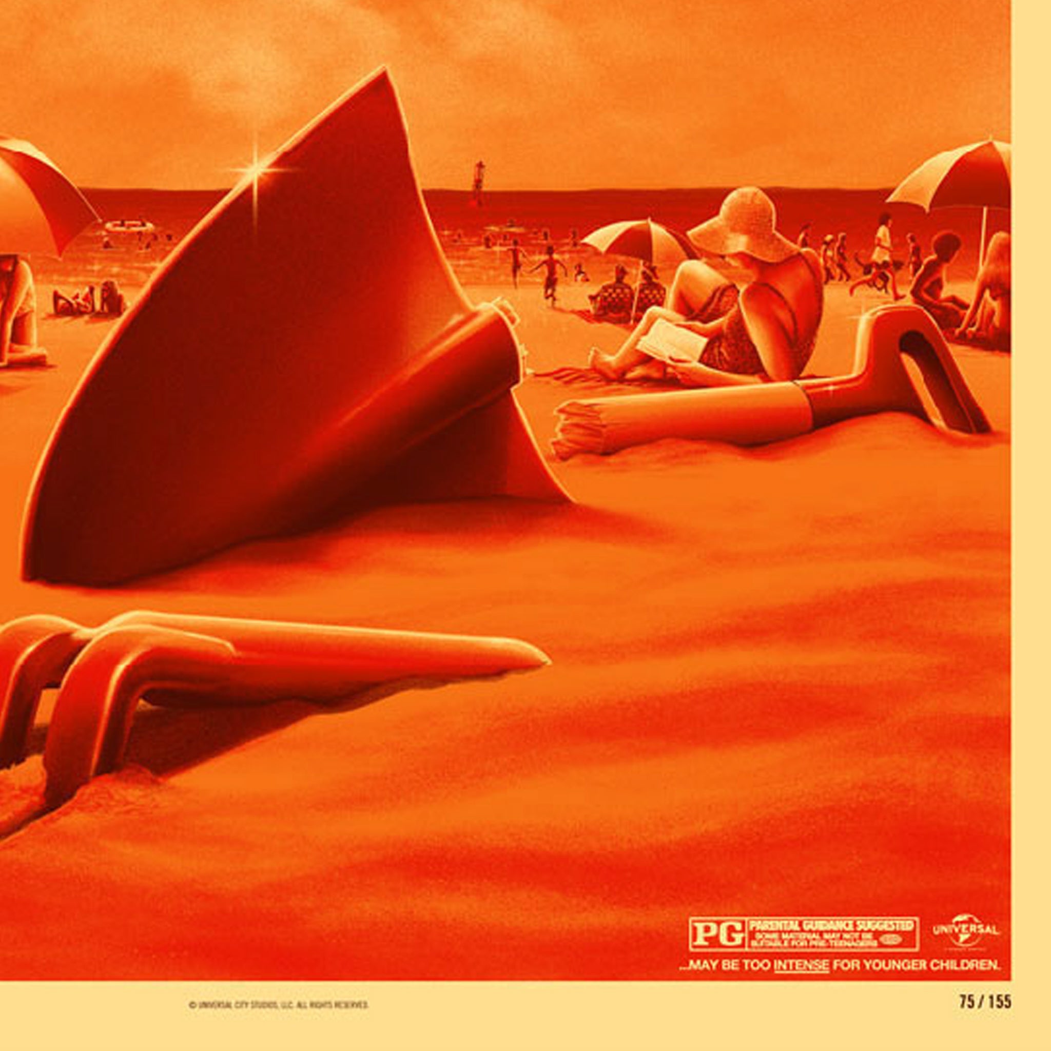Surreal beach scene with large fork and knife, people under umbrellas, and a sand sculpture.