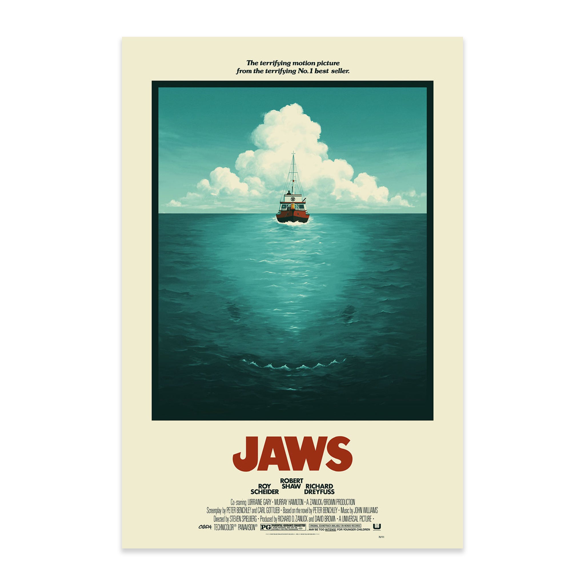 Movie poster for 'Jaws' with a boat on the water and text at the top and bottom. Limited Edition Screen Print Poster of JAWS by Justin Erickson of Phantom City Creative and CODA for JAWS (1975) 50th Anniversary Academy Museum Los Angeles.
