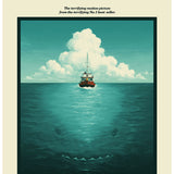 Boat in the middle of a vast ocean with a large cloud above, on a beige border.  Limited Edition Screen Print Poster of JAWS by Justin Erickson of Phantom City Creative and CODA for JAWS (1975) 50th Anniversary Academy Museum Los Angeles.