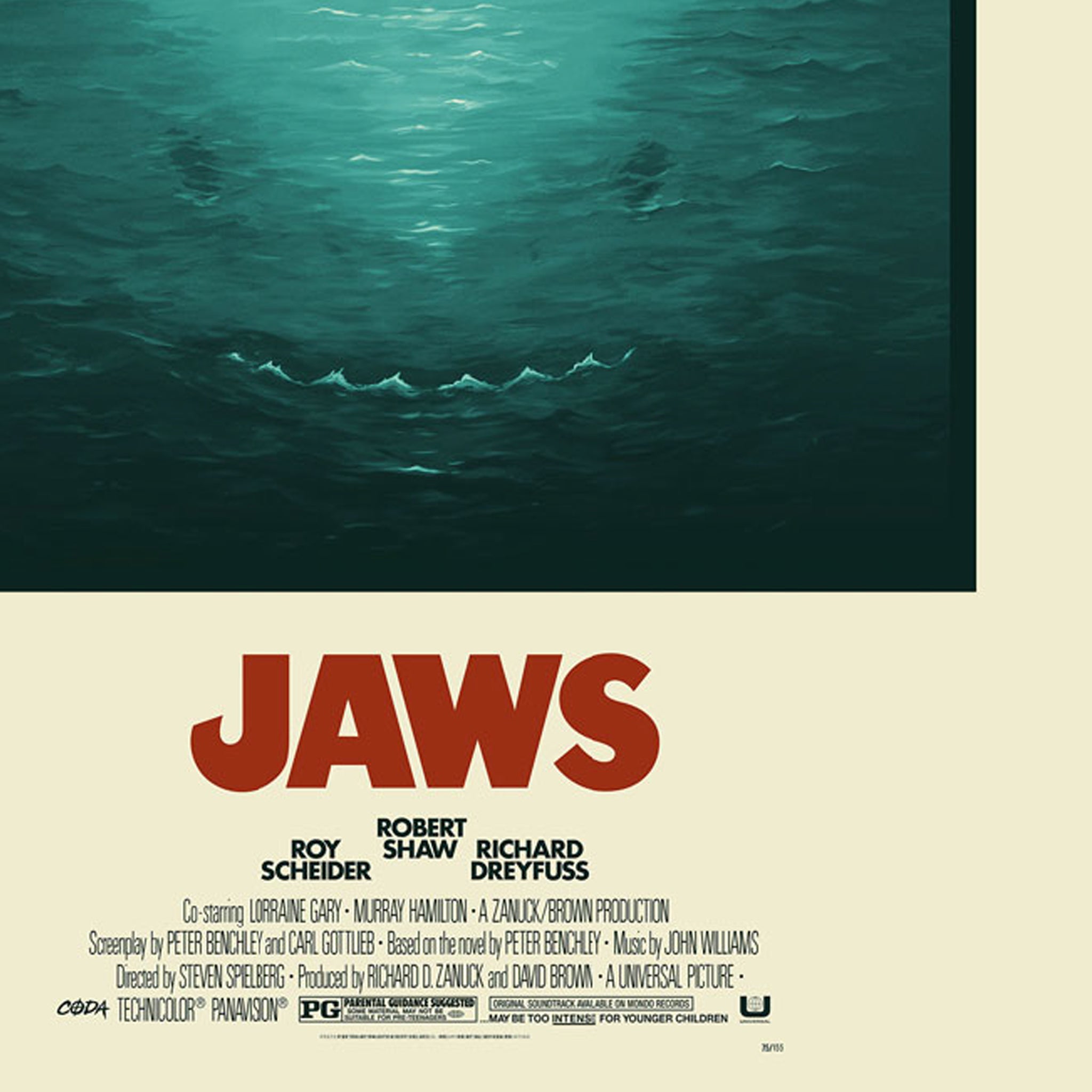 Movie poster for 'Jaws' with a shark in the water.  Limited Edition Screen Print Poster of JAWS by Justin Erickson of Phantom City Creative and CODA for JAWS (1975) 50th Anniversary Academy Museum Los Angeles.