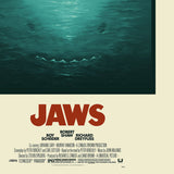 Movie poster for 'Jaws' with a shark in the water.  Limited Edition Screen Print Poster of JAWS by Justin Erickson of Phantom City Creative and CODA for JAWS (1975) 50th Anniversary Academy Museum Los Angeles.