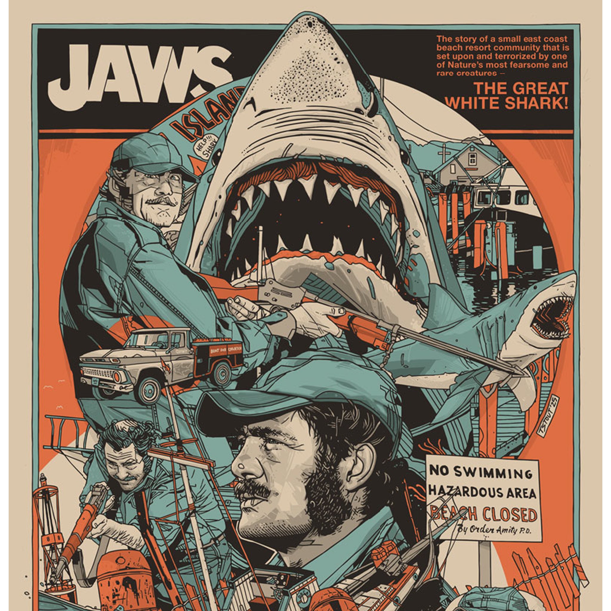 Vintage-style poster of a shark attacking a beach scene with text and characters. "Quint" Robert Shaw Screen Print by artist Tyler Stout and CODA Jaws 50th Anniversary Limited Edition Poster Academy Museum