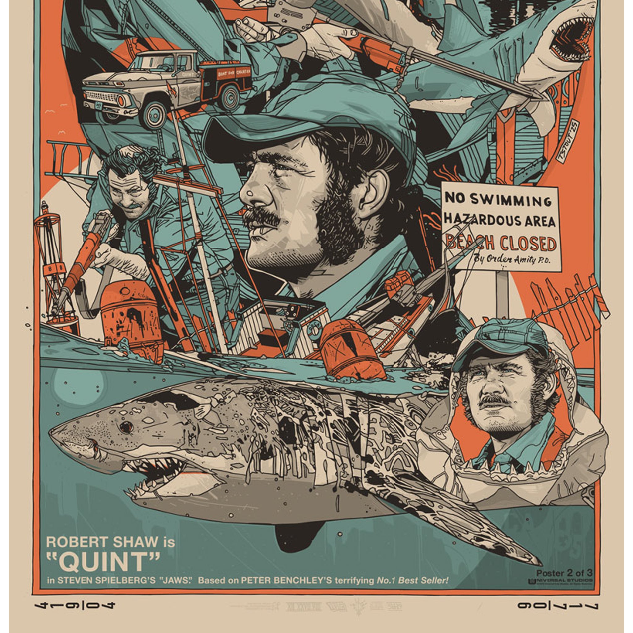 Collage-style poster featuring a man with a mustache, shark, and various elements related to 'Jaws'. "Quint" Robert Shaw Screen Print by artist Tyler Stout and CODA Jaws 50th Anniversary Limited Edition Poster Academy Museum