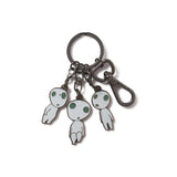 A multicharm keychain featuring three cartoon-style Kodama figures from the movie Princess Mononoke, with a black nickel finish and UV glow details.