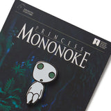 An enamel pin with a design of the character Kodama from Princess Mononoke, placed on a card with the movie title by Studio Ghibli with Oscars Logo Exclusive