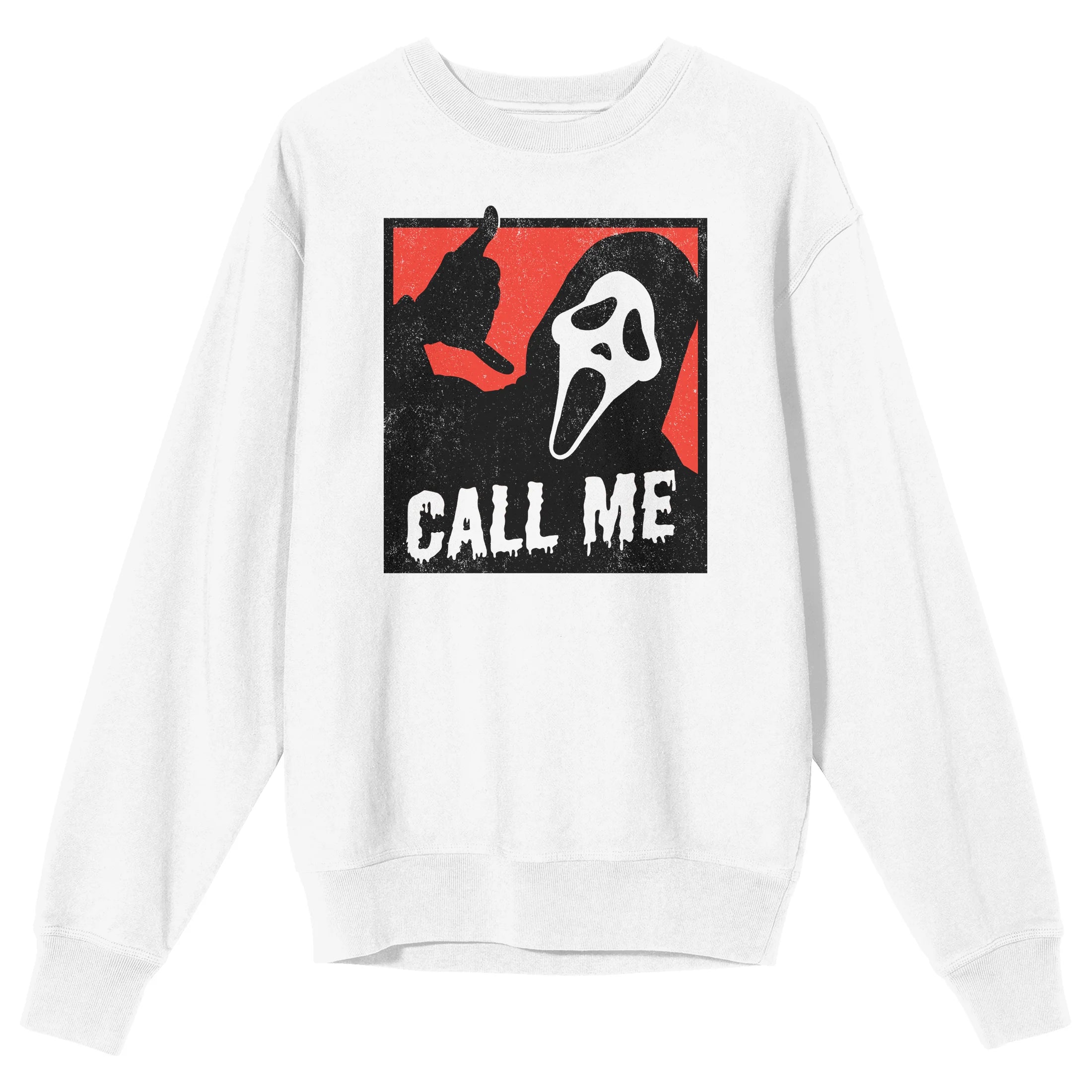 White sweatshirt with a graphic design featuring a mask and text 'CALL ME' on a white background Stay warm and stylish with our Ghostface "Call Me" sweatshirt! Made from high-quality materials, it's the perfect gift for horror movie lovers.