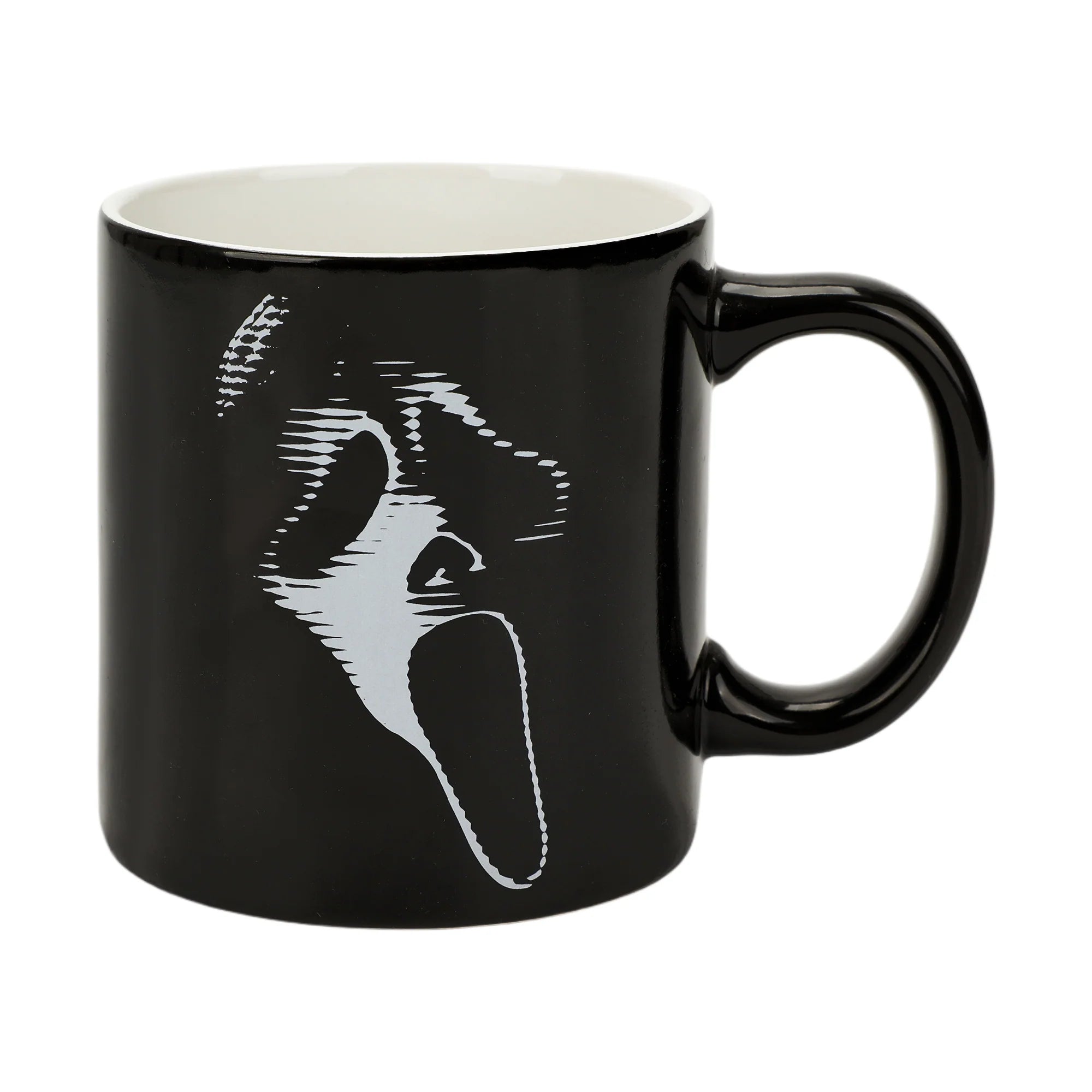 Black mug with white graphic design on a white background. Sip your favorite drink in style with our Ghost Face Lives 16 Oz. Ceramic Mug! Perfect for Scream fans, it's microwave and dishwasher safe for easy care.