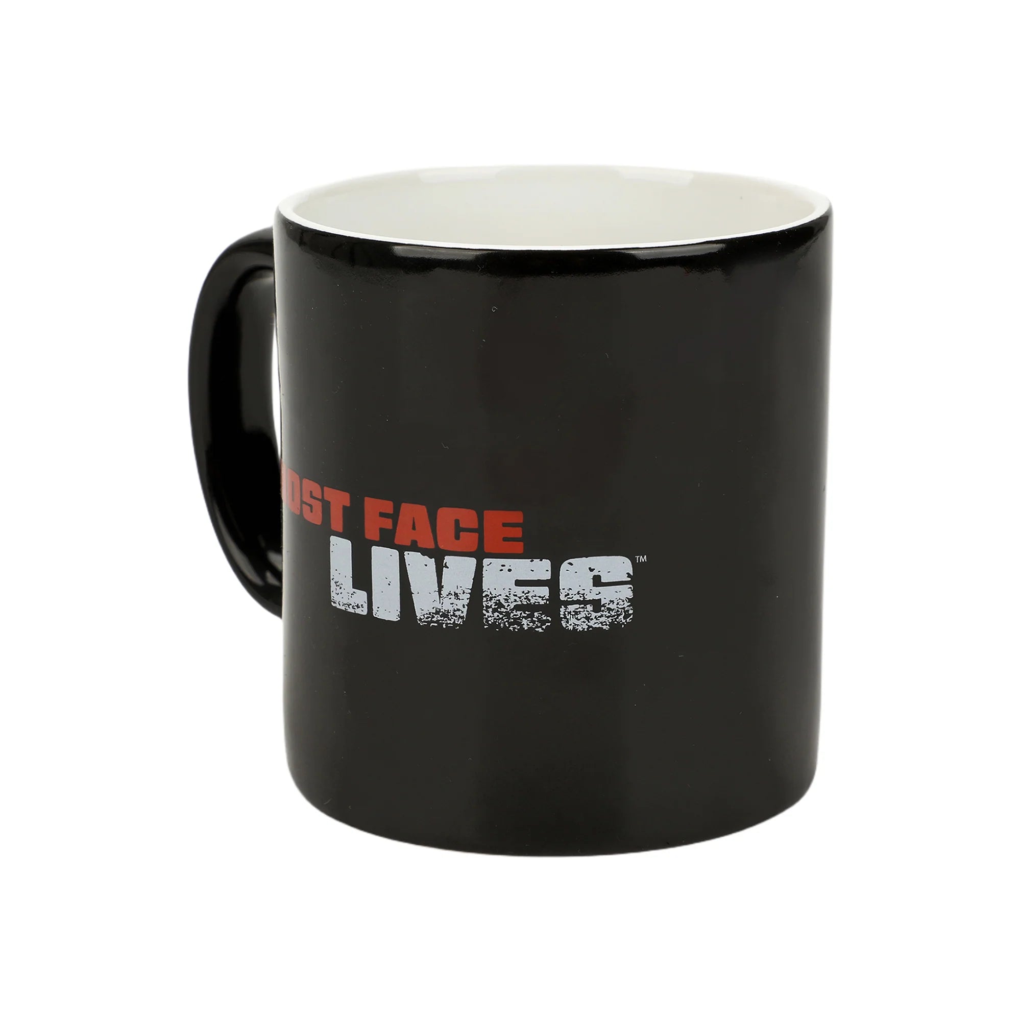 Black mug with 'Ghost Face Lives' text on a white background