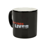 Black mug with 'Ghost Face Lives' text on a white background