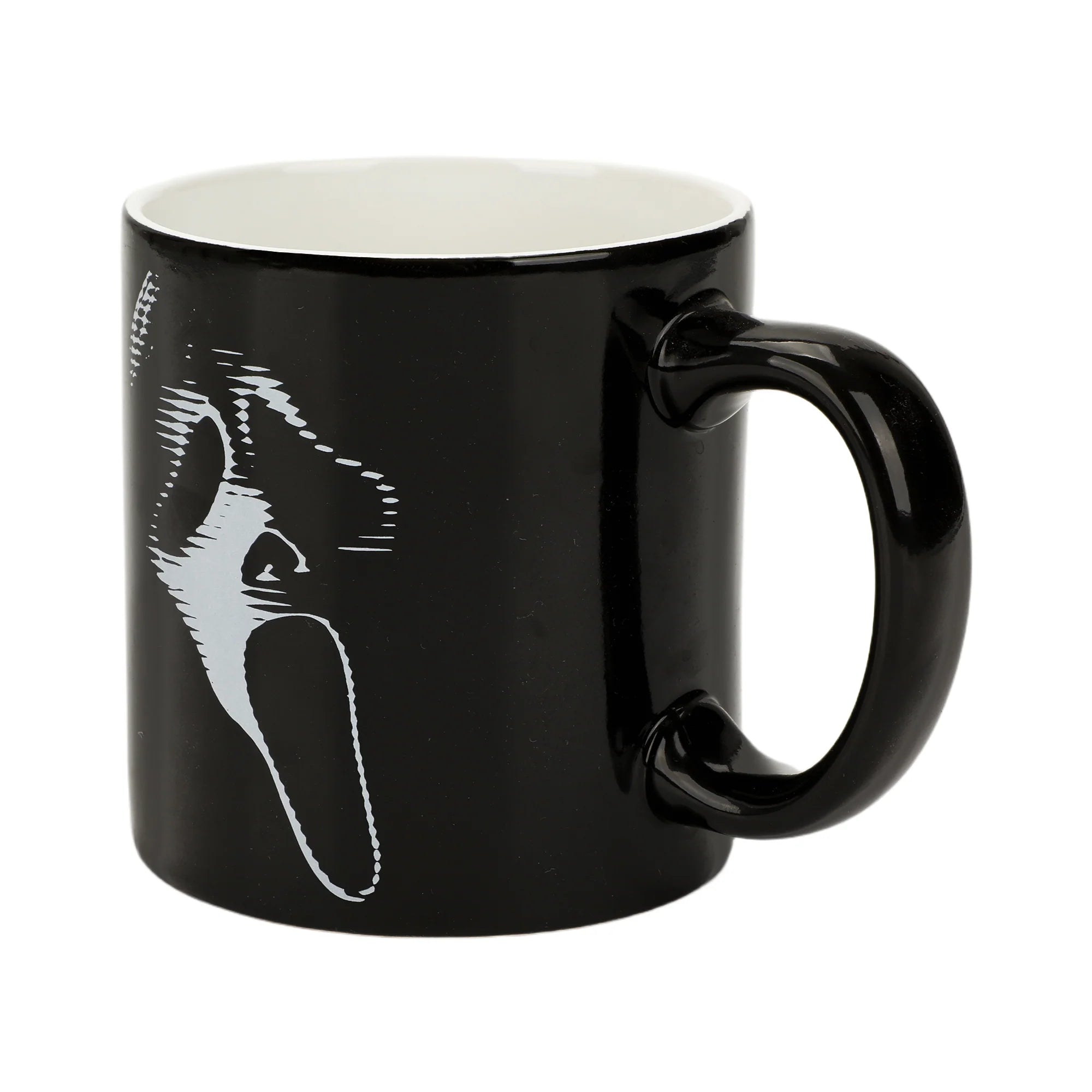 Black mug with a white ghost face  Sip your favorite drink in style with our Ghost Face Lives 16 Oz. Ceramic Mug! Perfect for Scream fans, it's microwave and dishwasher safe for easy care.illustration on a white background