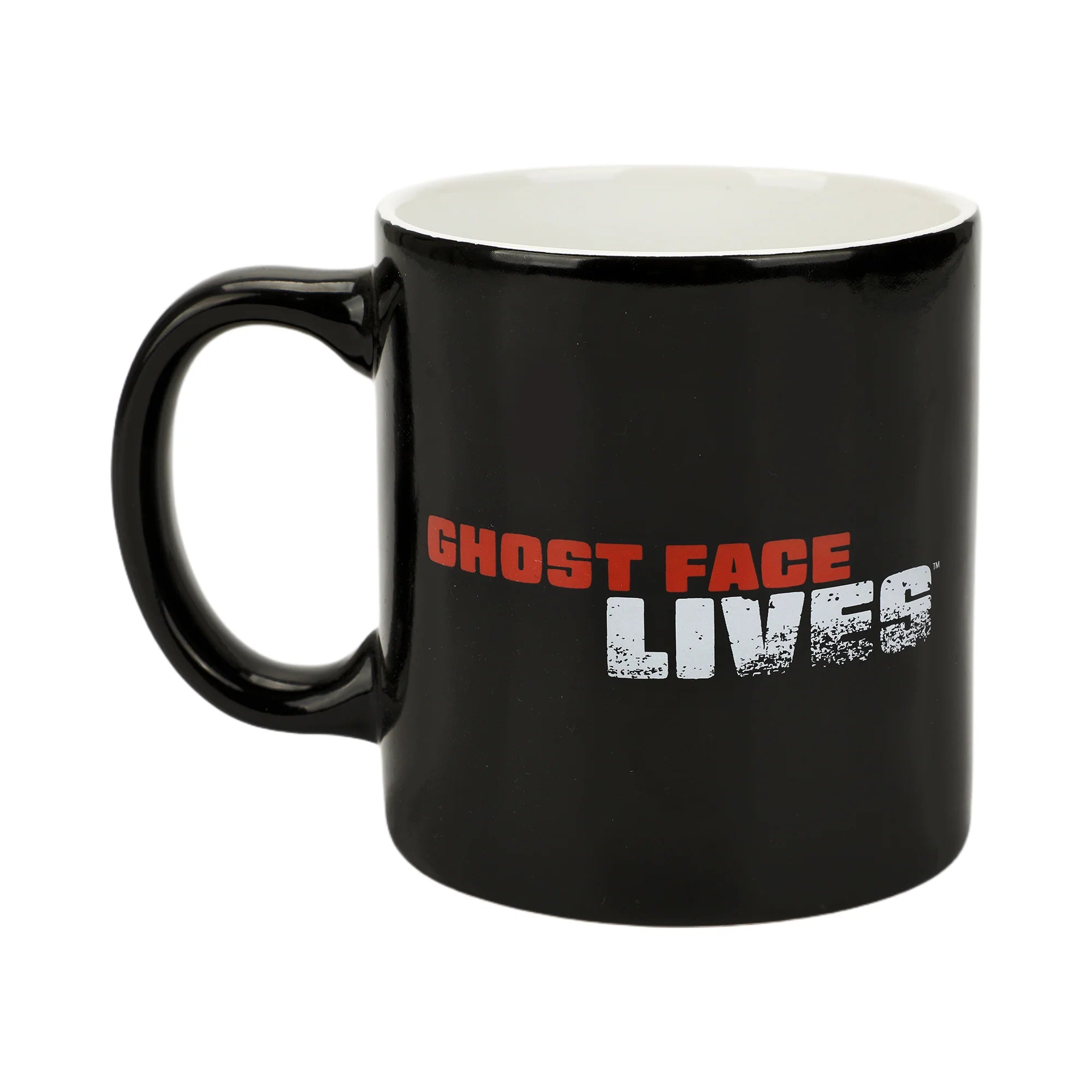 Black mug with 'Ghost Face Lives' text on a white background Sip your favorite drink in style with our Ghost Face Lives 16 Oz. Ceramic Mug! Perfect for Scream fans, it's microwave and dishwasher safe for easy care.